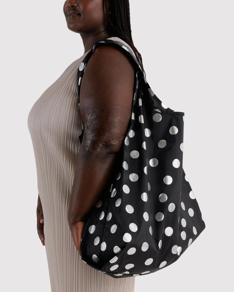 Big Reusable Tote: Silver Metallic Polka Dot