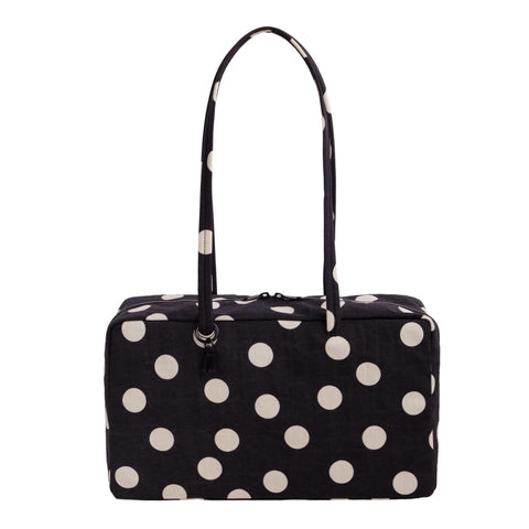 Medium Nylon Bowler Bag: Black + Cream Polka Dot