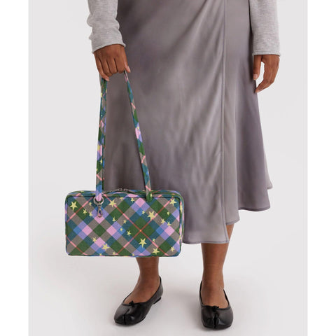 Nylon Bowler Bag: Green Star Plaid