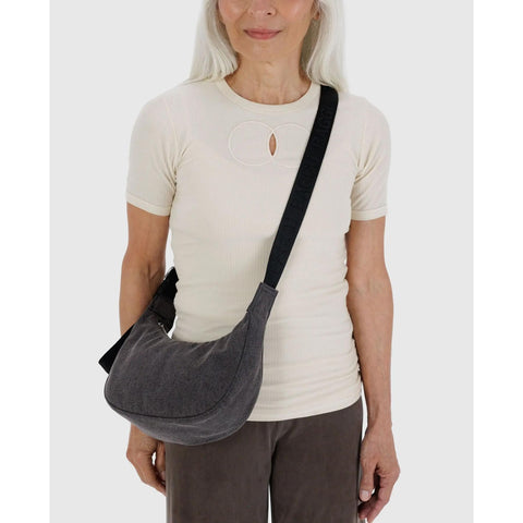 Small Denim Crescent Bag: Washed Black Denim