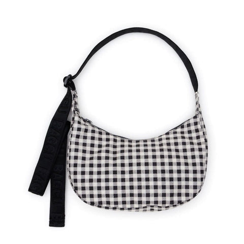 Small Nylon Crescent Bag: Black + White Gingham