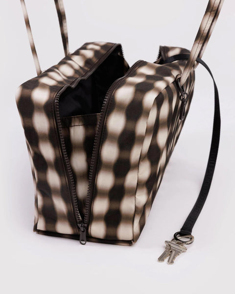Medium Nylon Bowler Bag: Blurred Gingham Brown