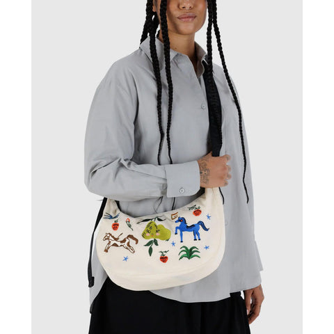 Medium Nylon Crescent Bag: Embroidered Painted Prairie