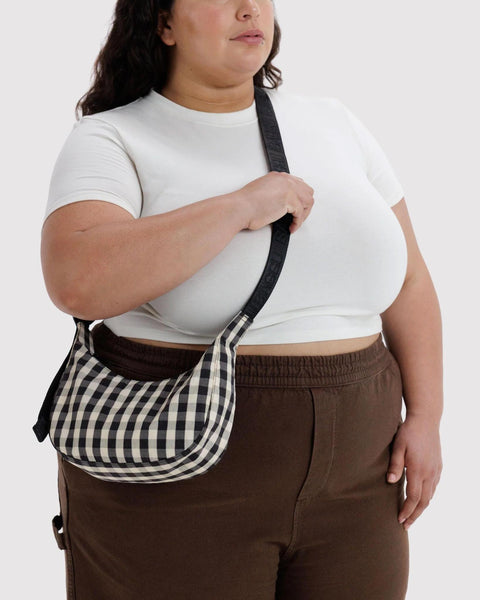 Small Nylon Crescent Bag: Black + Cream Gingham